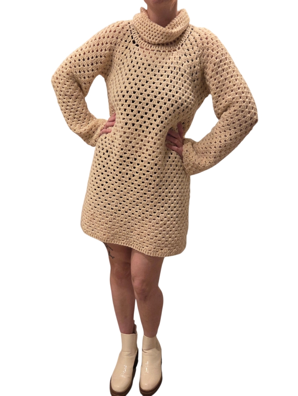 Vintage Handmade Crochet Sweater Dress Chunky Knit Cream Turtleneck Boho Cottage